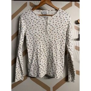 Carreau Sport Henley Top Women Size M White Vintage Floral Ribbed Long Sleeve